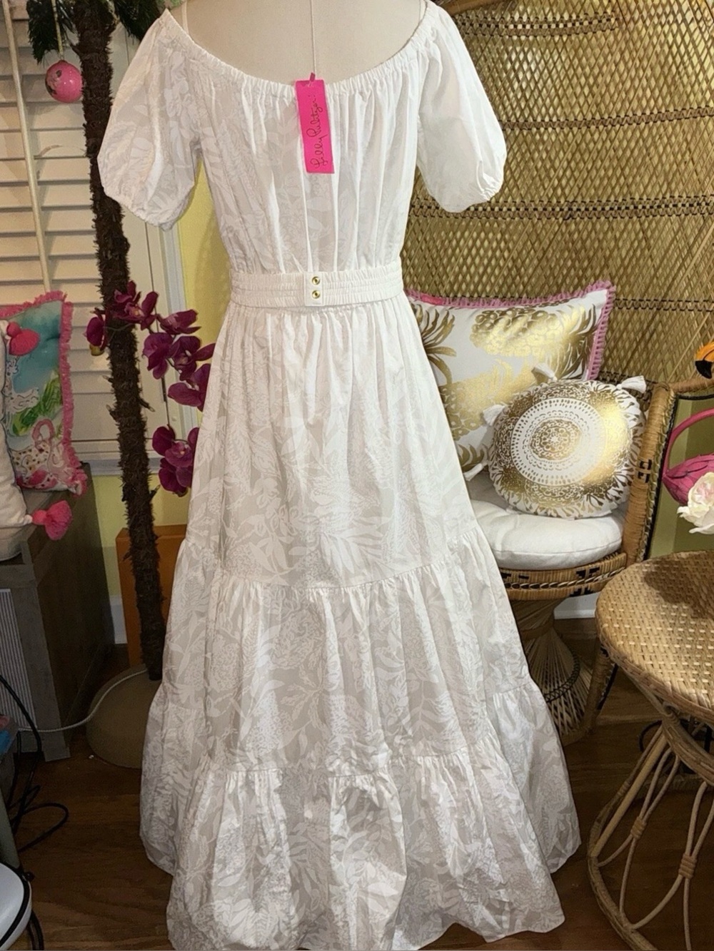 Lilly Pulitzer NWT Nessa Shoulder Maxi Dress White Jungle Cabana $348 Size XL - Picture 4 of 12